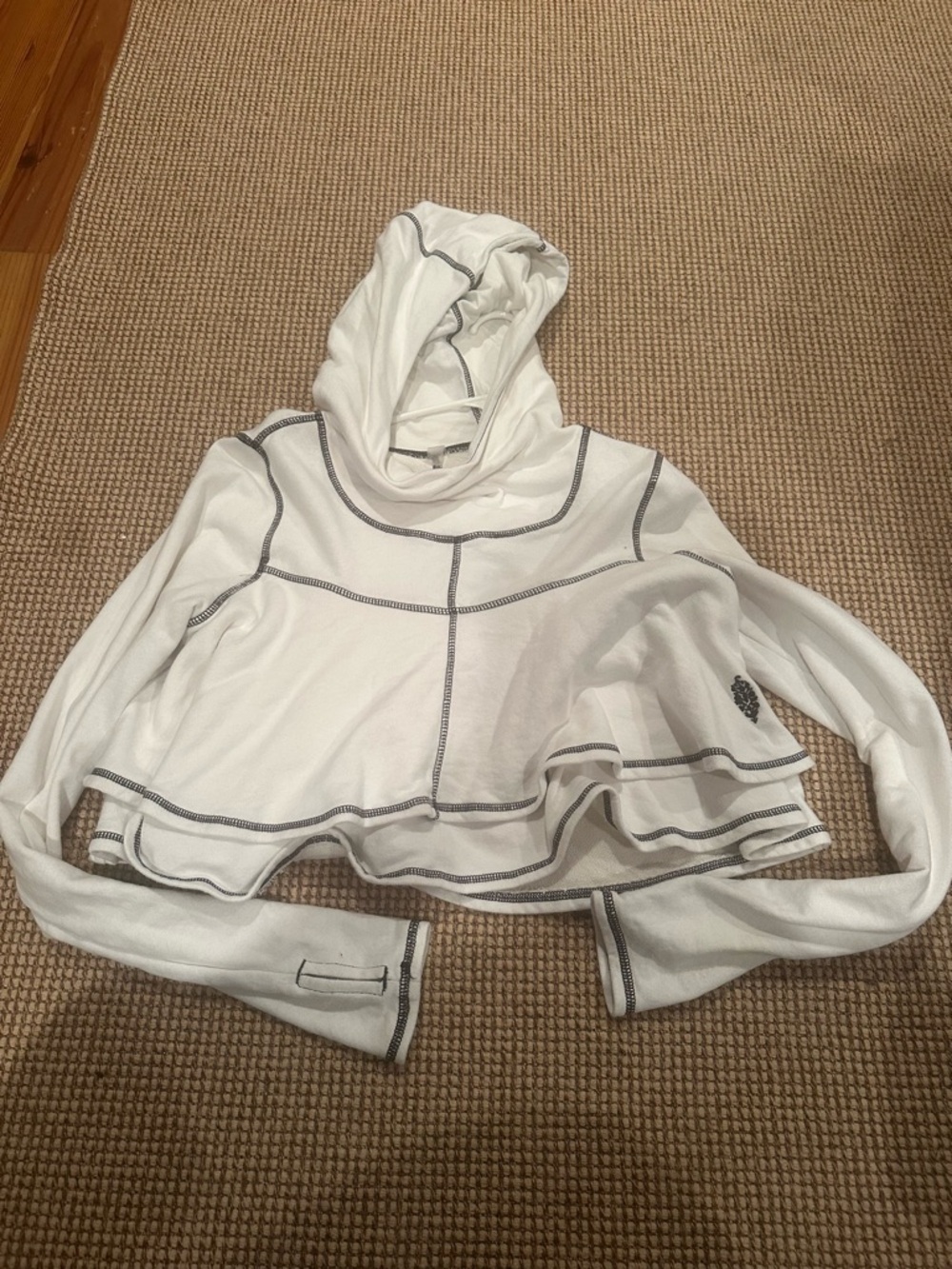 Free People White Hooded Crop Top with Gray Contrast Stitching